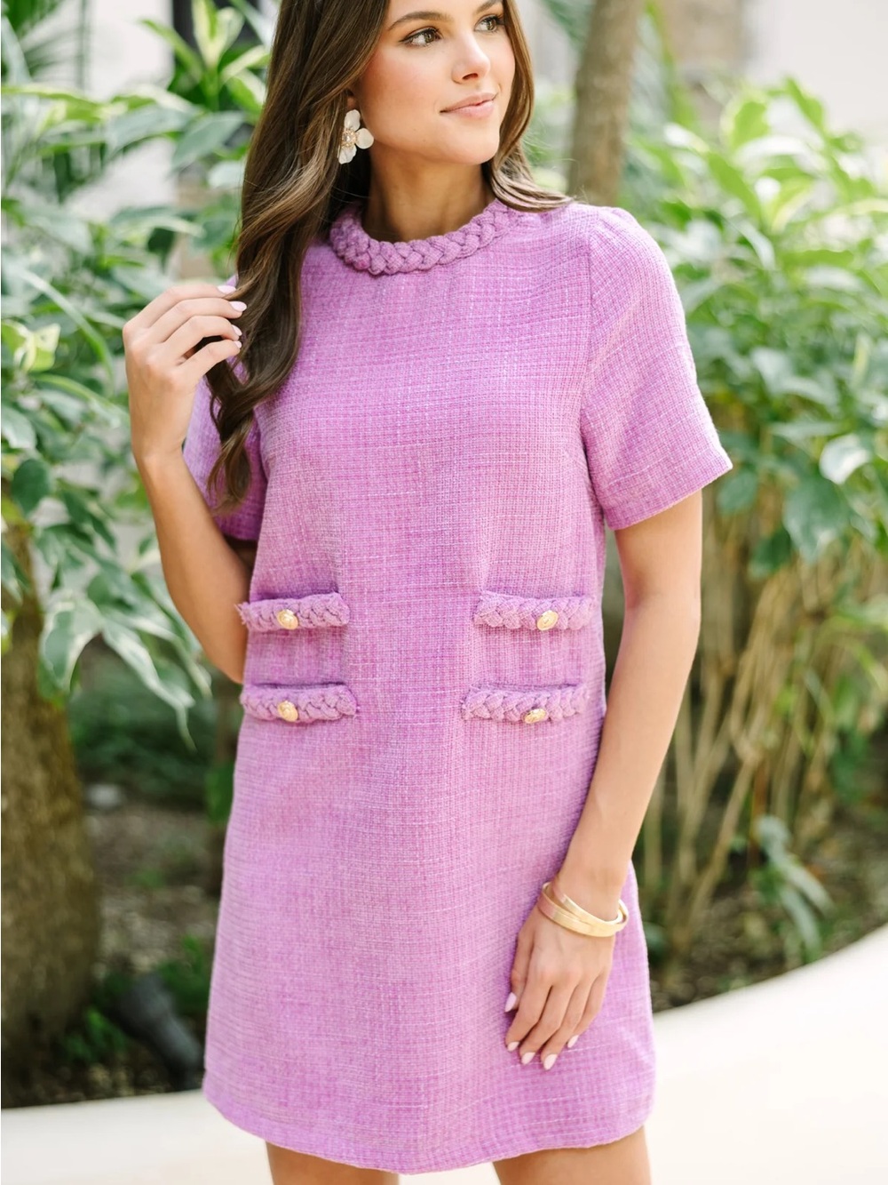 Braided Trim Pink Tweed Mini Dress